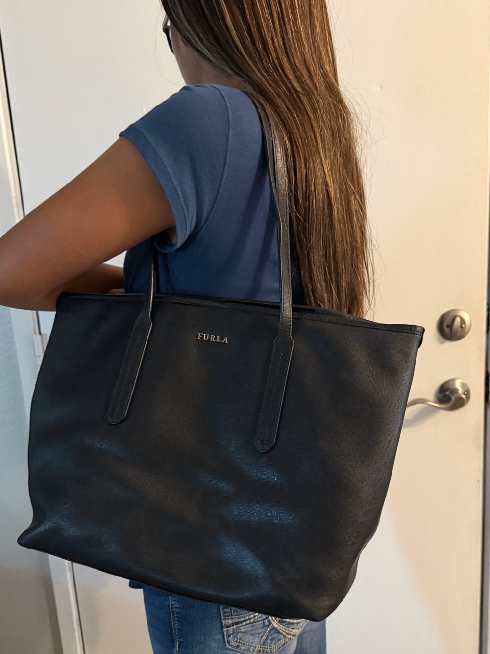 Furla Saffiano  Black Leather Tote Bag